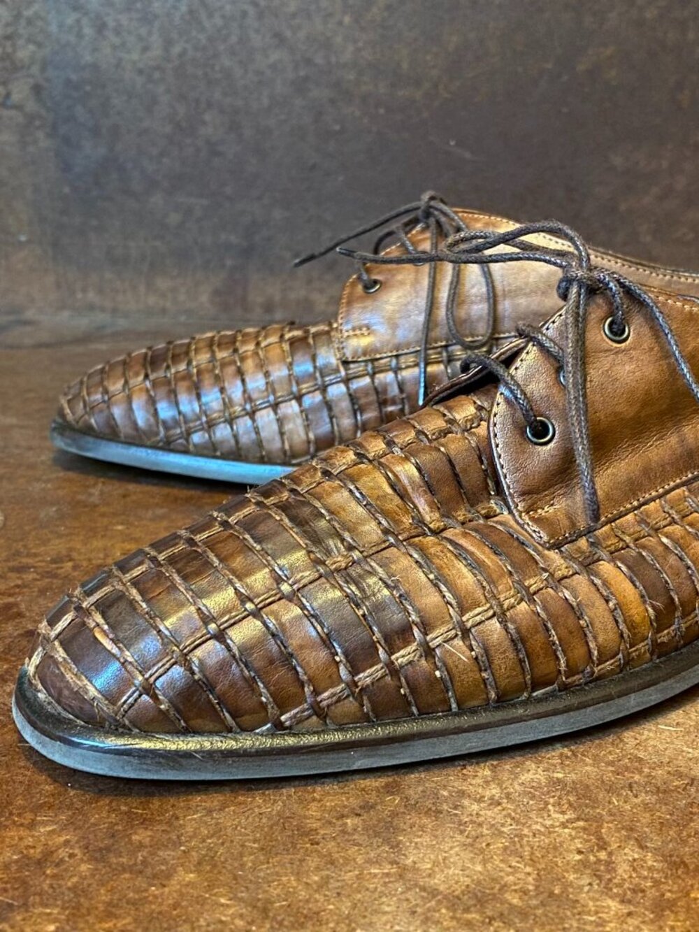 Vintage Brown Leather Sesto Meucci Woven Oxford Flat Shoes Women's 8N